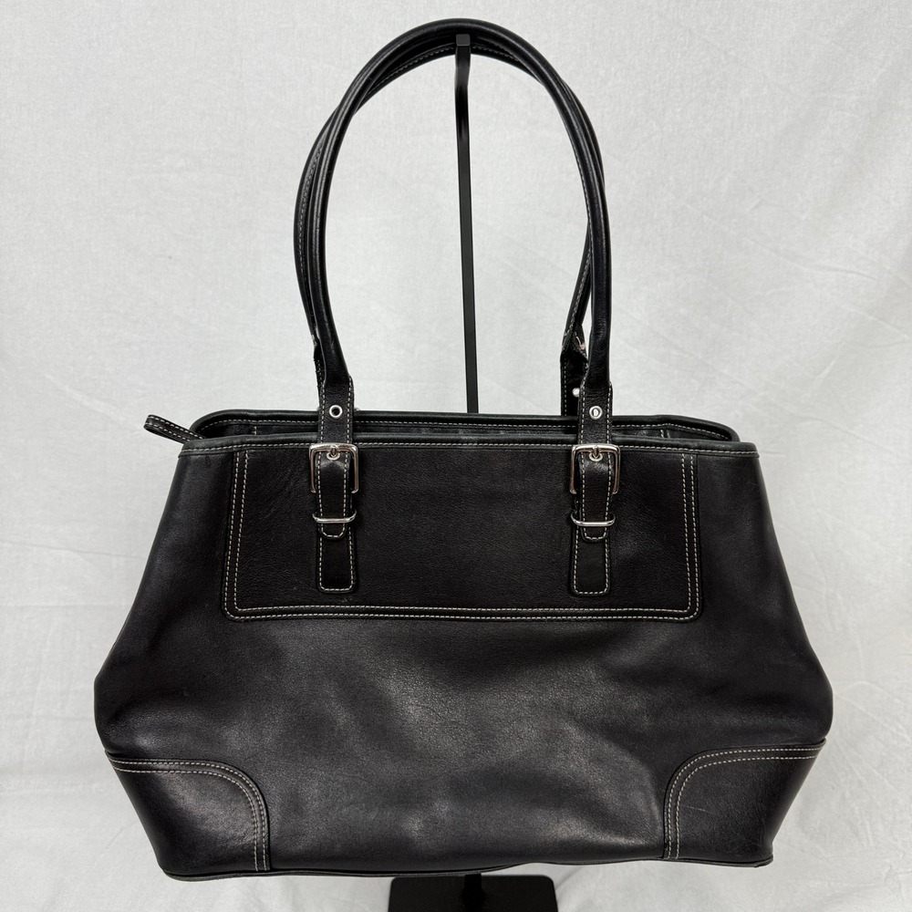 Coach Hampton Black Leather Tote Bag White Contrast Stitching Shoulder Purse